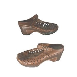 Rialto Comfort Mario Brown Laser Cut Peep Toe Wedge Mary Jane Clog Mules Size 8M